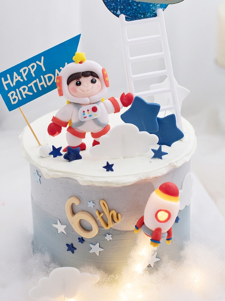 New Rocket Astronaut Planet Moon Happy Birthday Letter Decoration Cake Topper Dessert Children's Day Lovely Gifts Supplies 