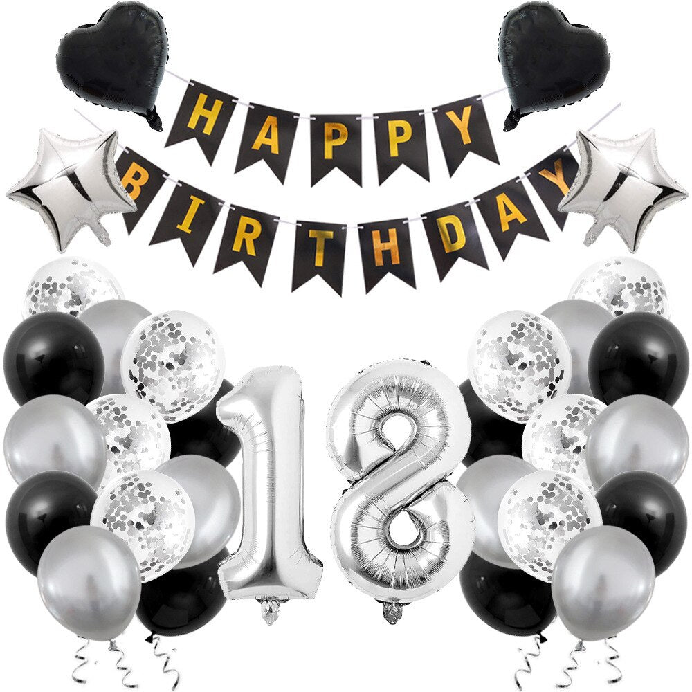 Sliver Black Balloon Set Confetti Latex Heart Star Number Foil Men Boy Birthday Party Decoration 