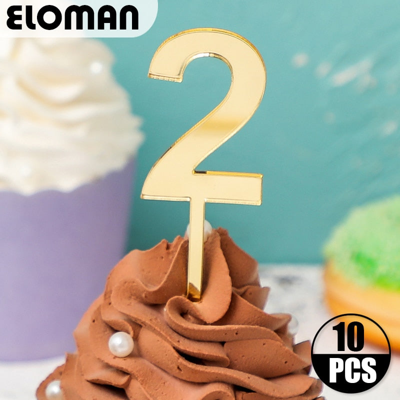 Birthday cupcake number Topper ELOMAN Gold Acrylic Cake Top Flag Decoration Boy girl Party Wedding Supplies 