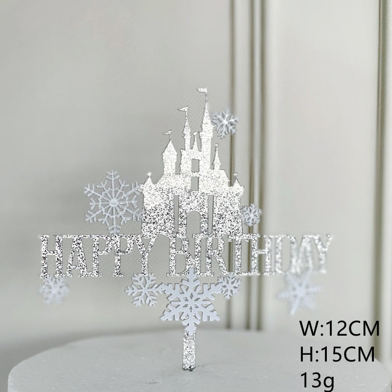 Happy Birthday Cake Topper Snowflake Castle Decoration Acrylic Blue Christmas Tree Cupcake Toppers Baking 