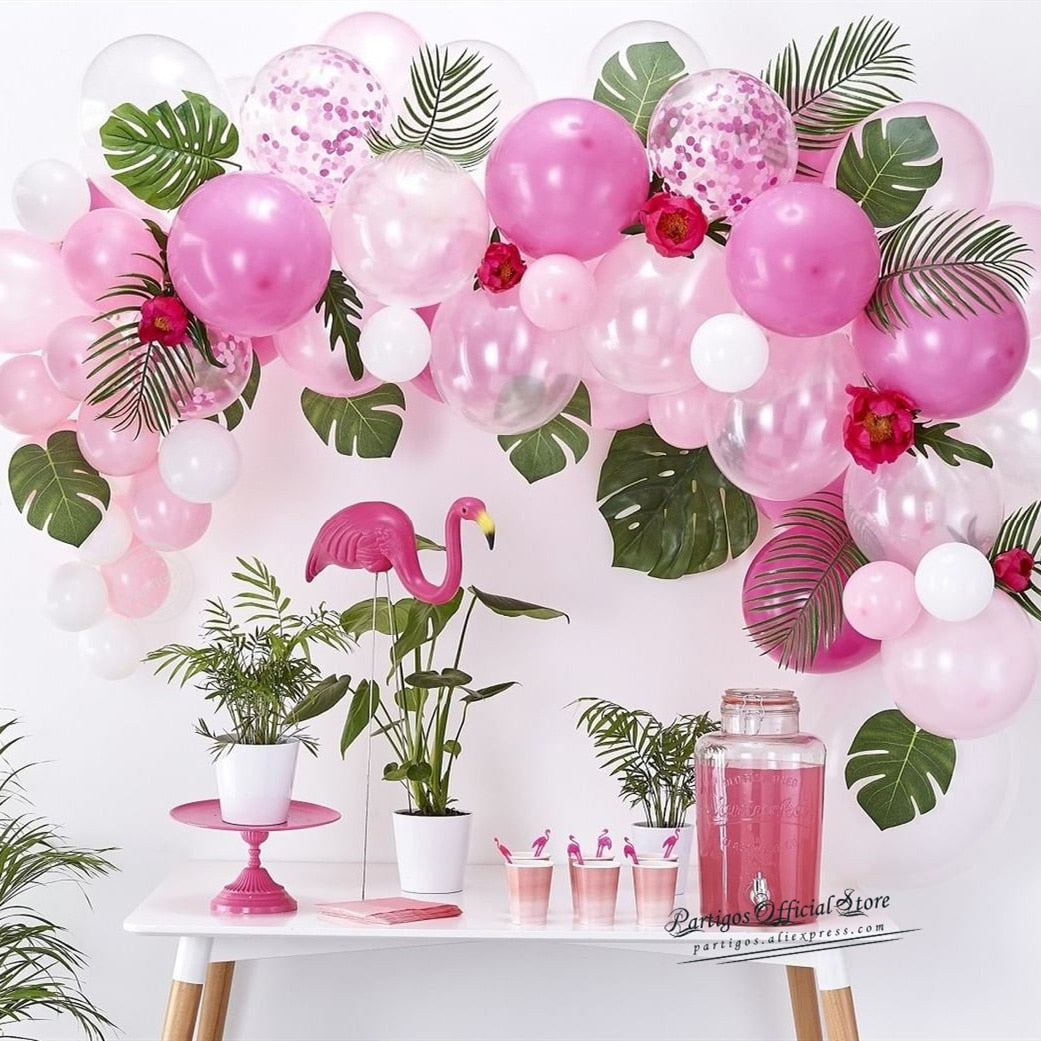 Mix Pink Flamingo Balloons Chain DIY Tropical Hawaii Island Theme Globos Garland Monstera Leaves Birthday Party New Year Decor Inflatable Decorations