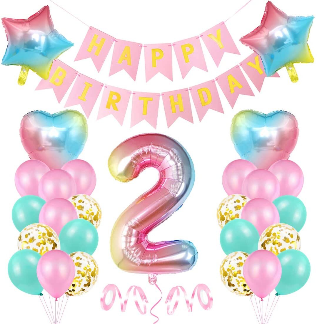 Gradient  Happy Birthday Balloon Set Decor 1-9 Years with Banner for Girls 1st 2nd 3rd Birthday Party Supplies Number Optional PartyDecorHQ