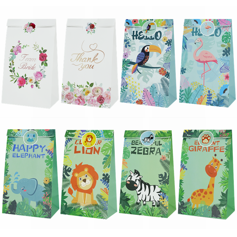 12pcs Stand Up Paper Bag Animals Flowers Candy Bag with Sticker Wedding Birthday Party Treat Gift Package Decoration Baby Shower PartyDecorHQ