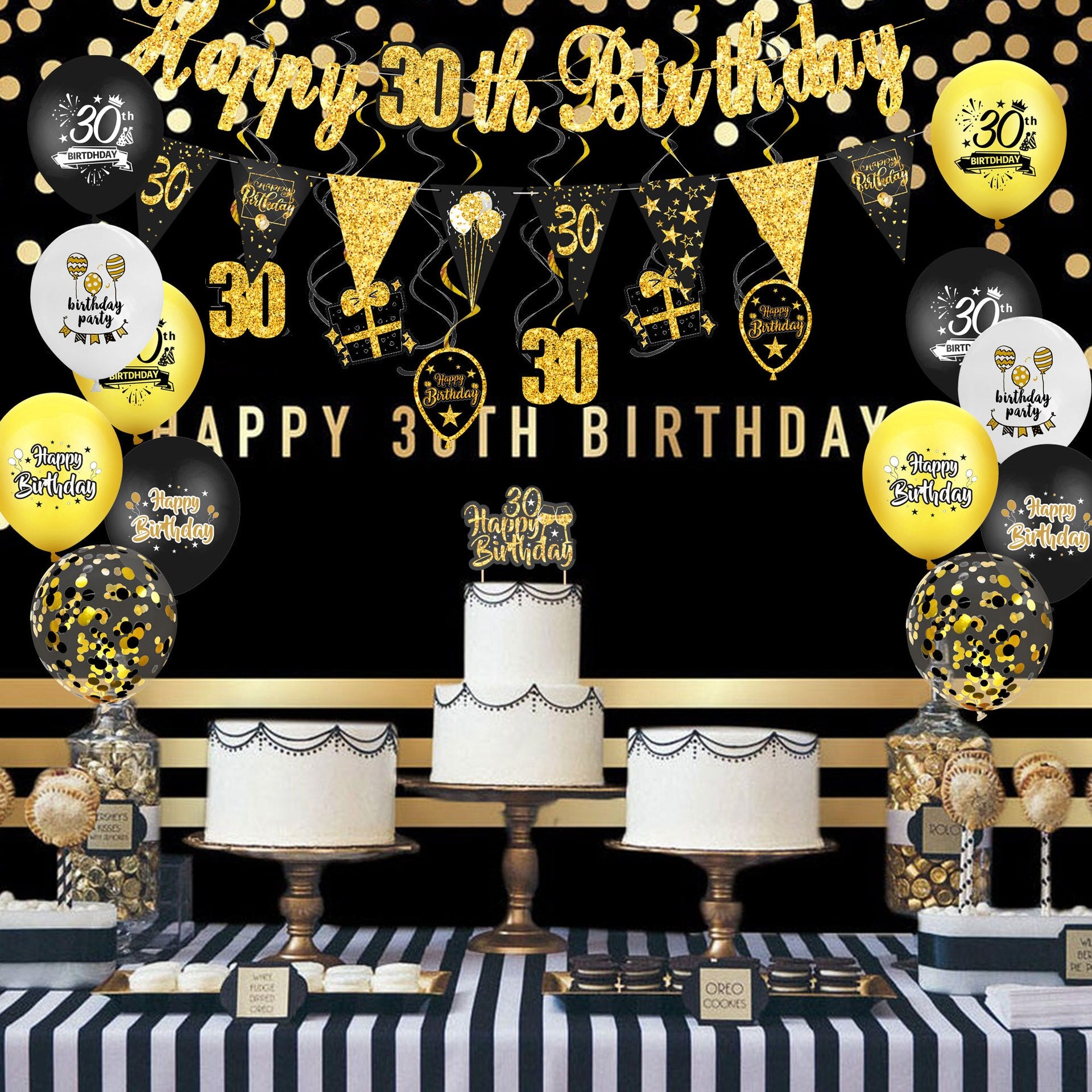 Birthday Balloon Arch Kit Back Gold Glitter Banner Photo Props CakeTopper Men Women th Party Decoration 