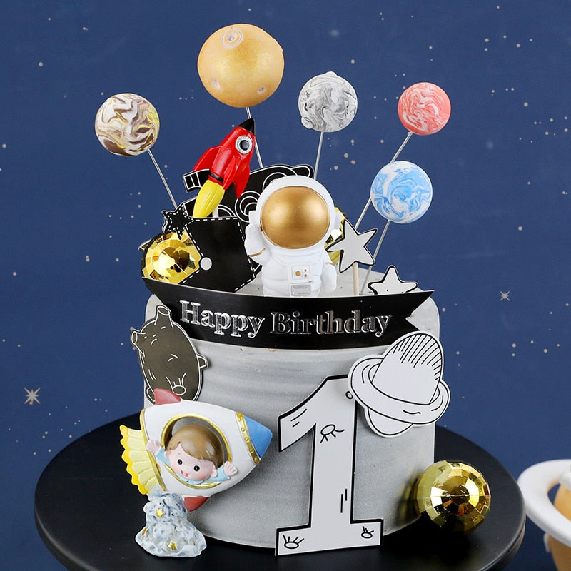 Heart Astronaut Series Cake Topper Planet Rocket astronaut Baby Kid Boy One year old Birthday Happy Cakes Baking Decoration 