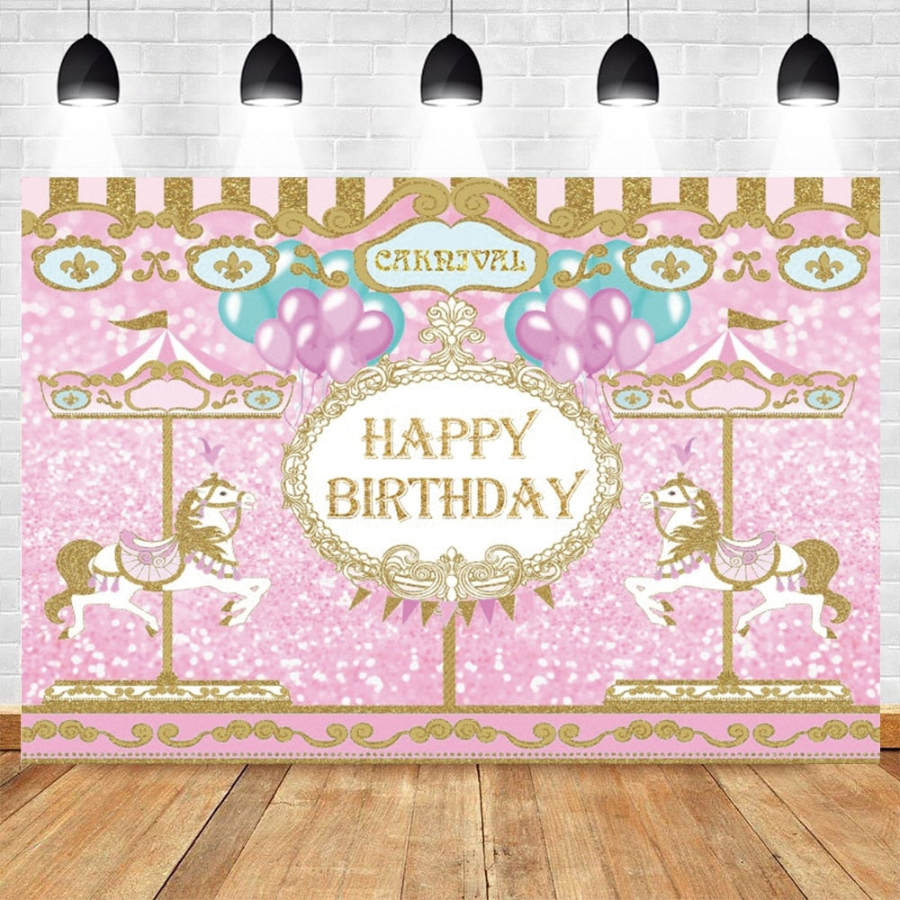 Happy Birthday Carousel Horse Photography Baby Party Decor Backdrop Photocall Background Photophone Photographic Photo Studio 