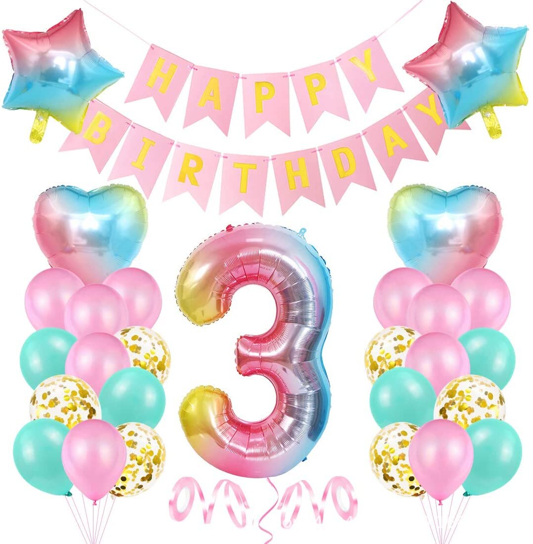 Gradient  Happy Birthday Balloon Set Decor 1-9 Years with Banner for Girls 1st 2nd 3rd Birthday Party Supplies Number Optional PartyDecorHQ