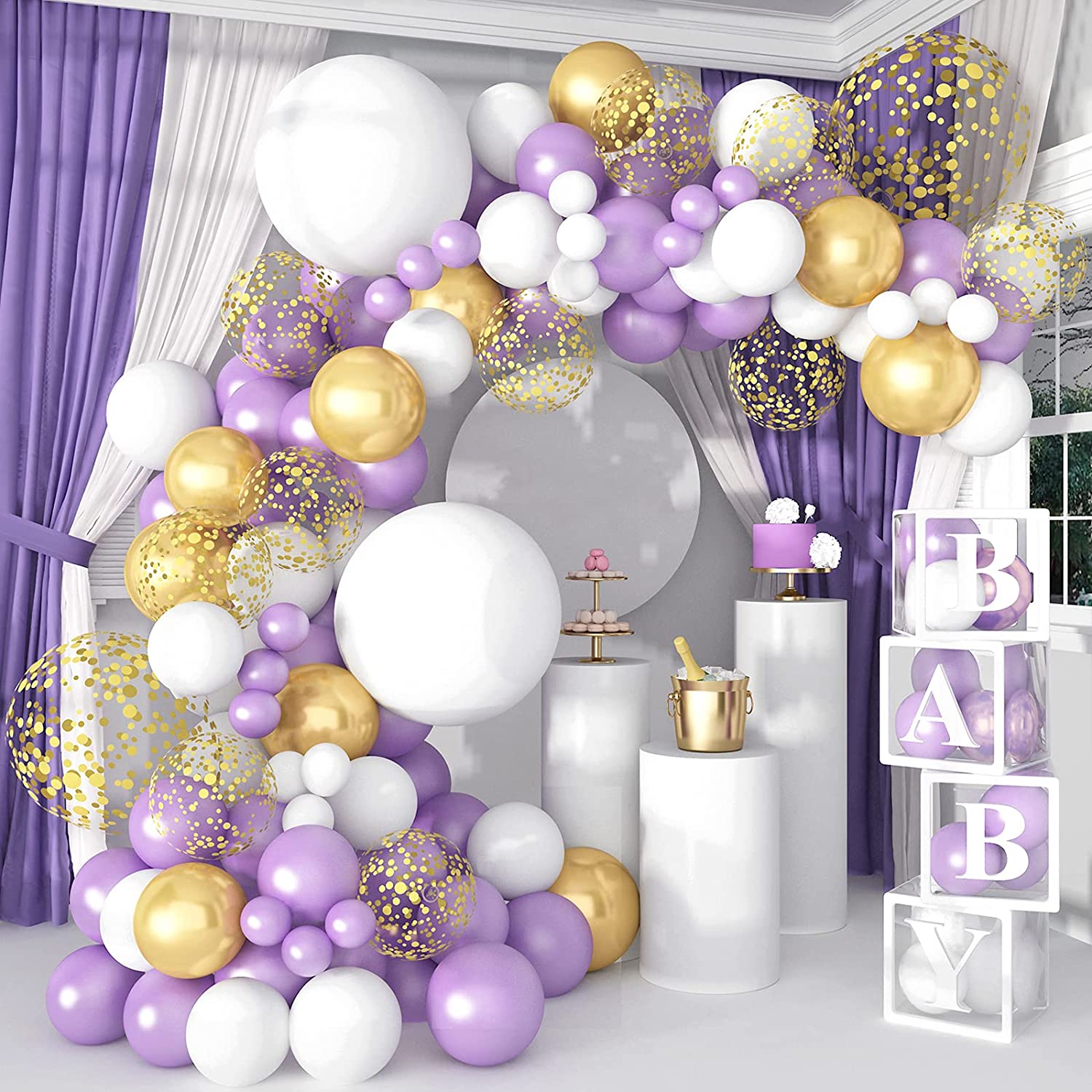 116pcs/Set Purple White Balloon Garland Kit Arch Gold Confetti Metallic Balloons Wedding Baby Shower Birthday Party Decorations PartyDecorHQ