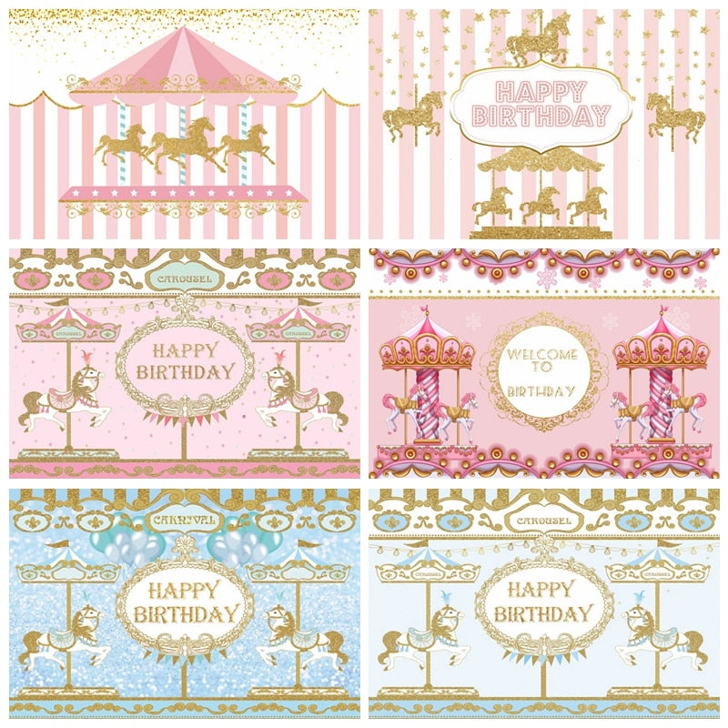 Happy Birthday Carousel Horse Photography Baby Party Decor Backdrop Photocall Background Photophone Photographic Photo Studio 