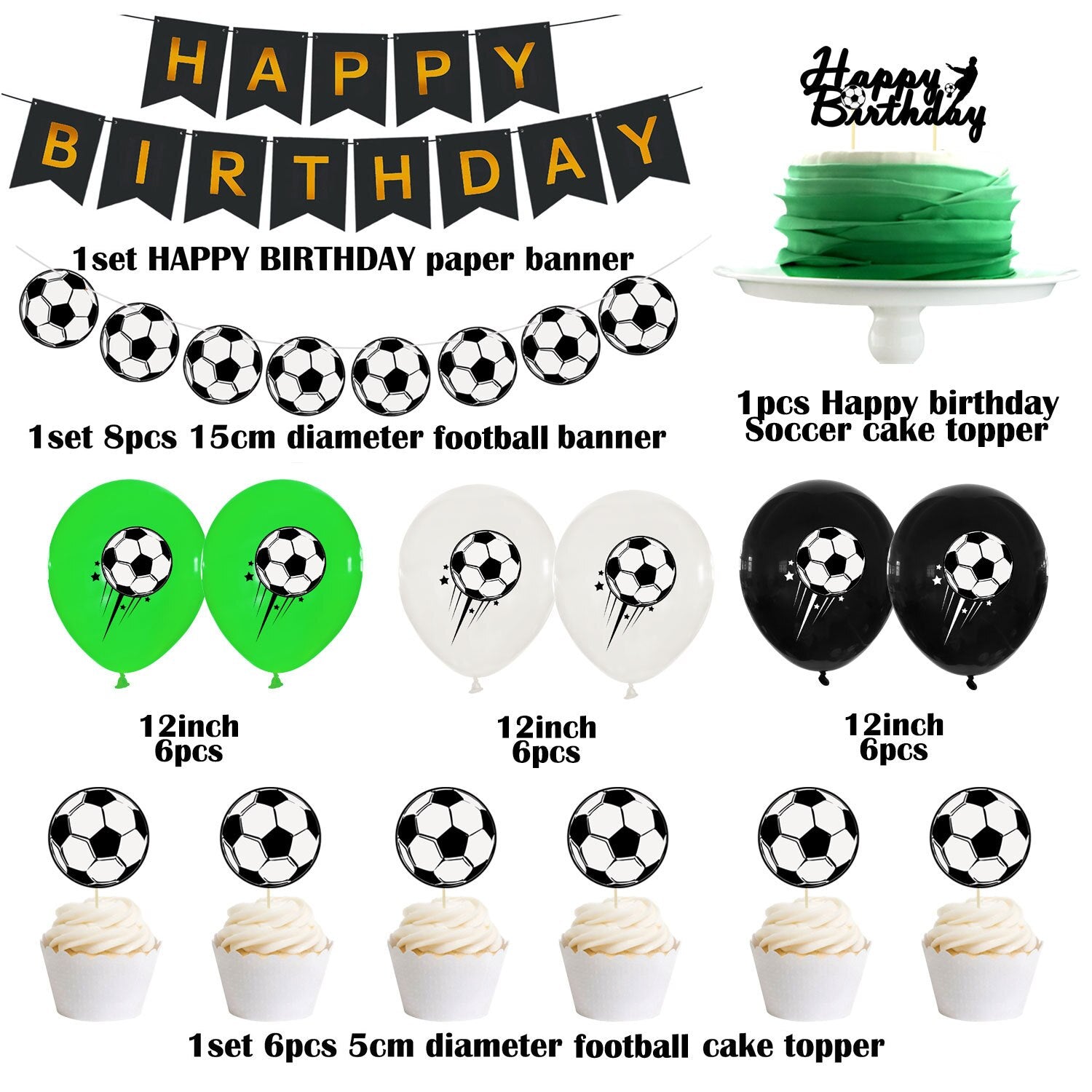 Green Black White Football Theme Party Decoration Boy Birthday Supplies Happy Banner Garland Cake Topper Inflatable Decorations