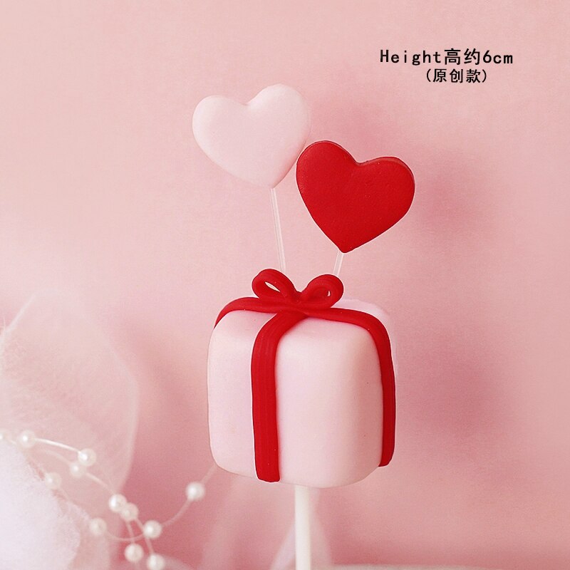 Valentine's Day Wedding Party Bear Red Bow Heart Cake Topper Decorations Love Pink Pearl Card Luminous Decor Doll Gifts 