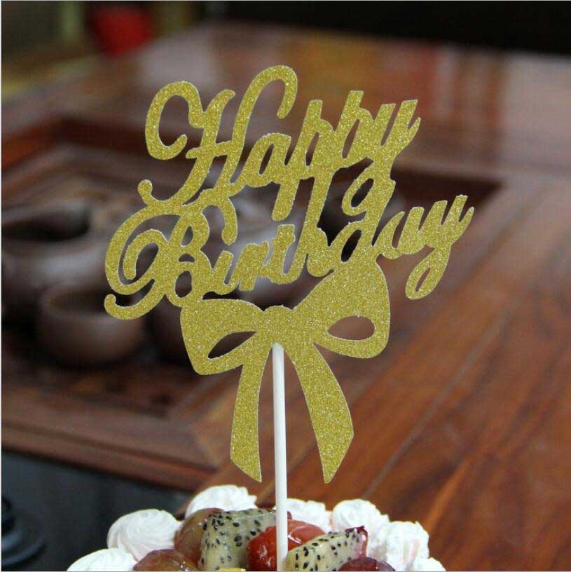 Happy Birthday Cake Topper Gold Silver Top Flag Decoration Boy Party Wedding Supplies 