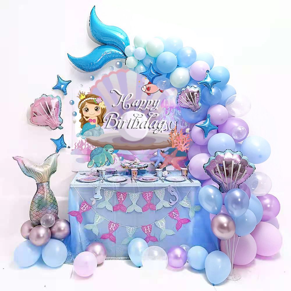 Mermaid Themed Party Decorations Purple Blue Balloons Set Girls Birthday Baby Shower Supplies Fishtail Foil Balloon 