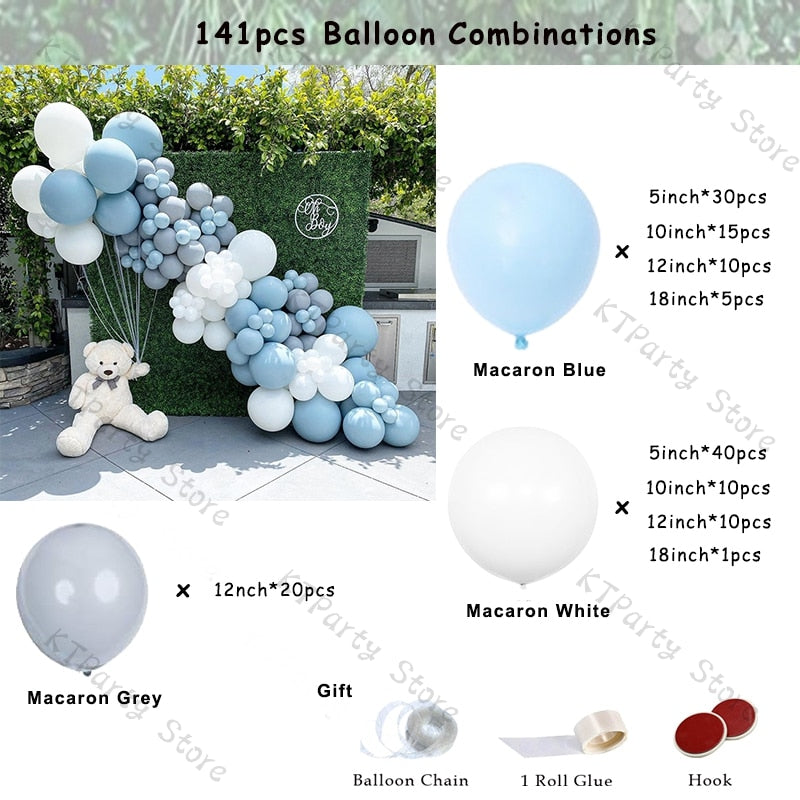 141pcs Macaron White Blue Grey Balloons Garland Kit Wedding Decoration Ballon Birthday Party Baby Shower Valentine's Day Decor PartyDecorHQ