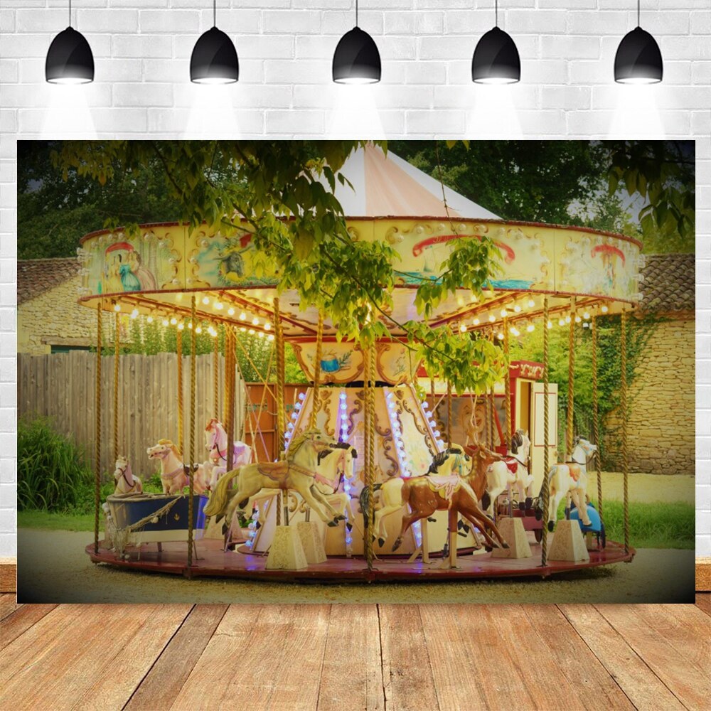 Happy Birthday Carousel Horse Photography Baby Party Decor Backdrop Photocall Background Photophone Photographic Photo Studio 