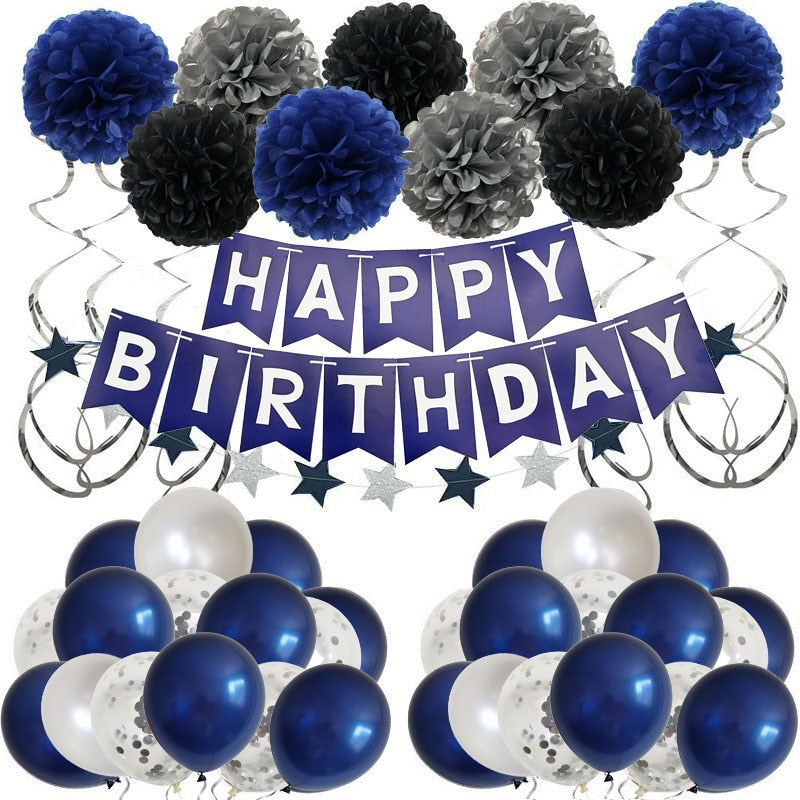 Blue confetti Latex balloons set men women birthday party decorations happy banner tissue paper pom poms 