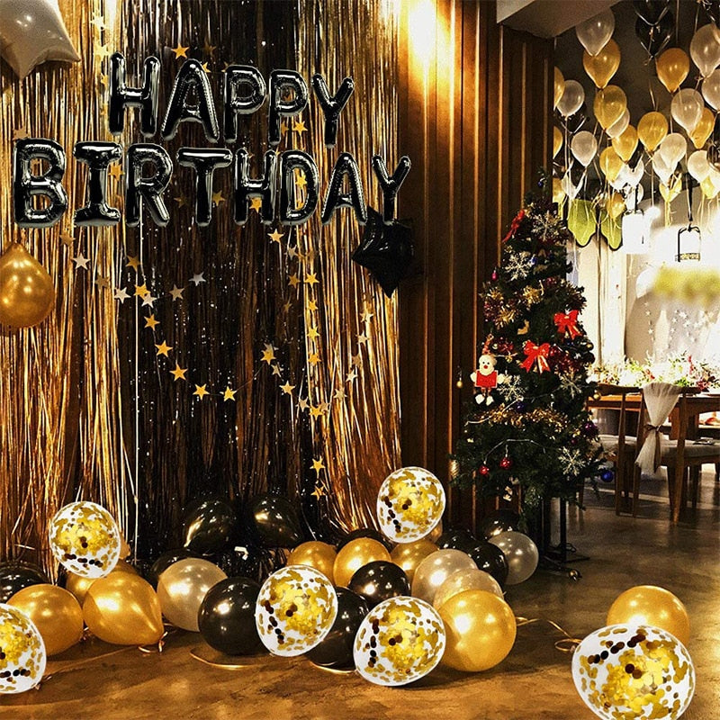 Balloon Arch Kit Gold Confetti Balloons Black Happy Birthday Letter Foil Men Women Party Decor 