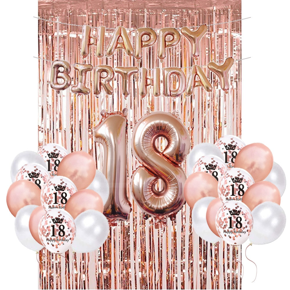 Rose Gold Birthday Balloon Decoration Set Number Foil Rain Curtain Women th Supplies 