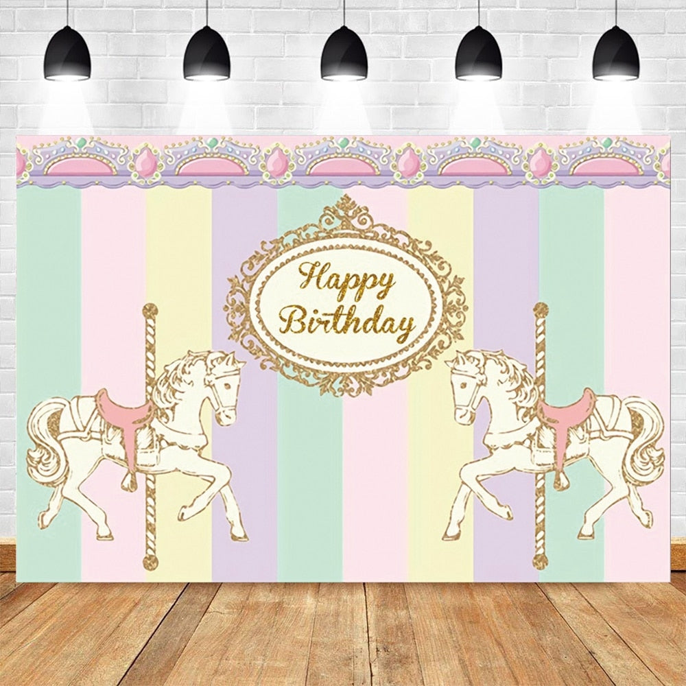 Happy Birthday Carousel Horse Photography Baby Party Decor Backdrop Photocall Background Photophone Photographic Photo Studio 