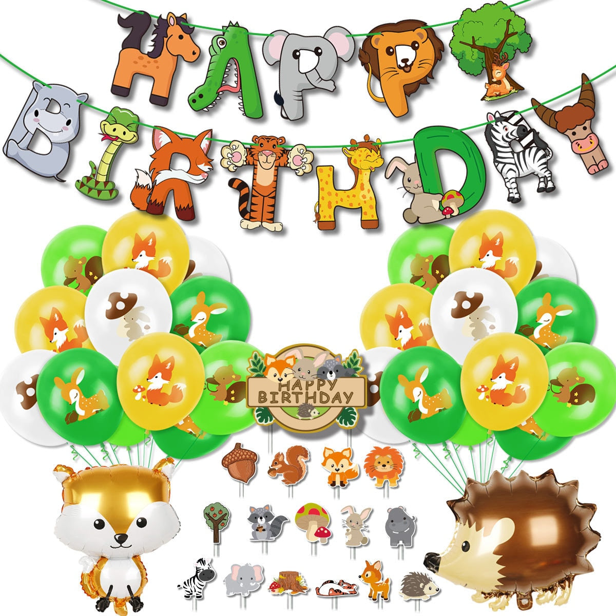 Jungle Animal Theme Party Decoration Banner Cartoon Tiger Cake Toppers Printing Hedgehog Fox Foil Balloons kids Birthday 