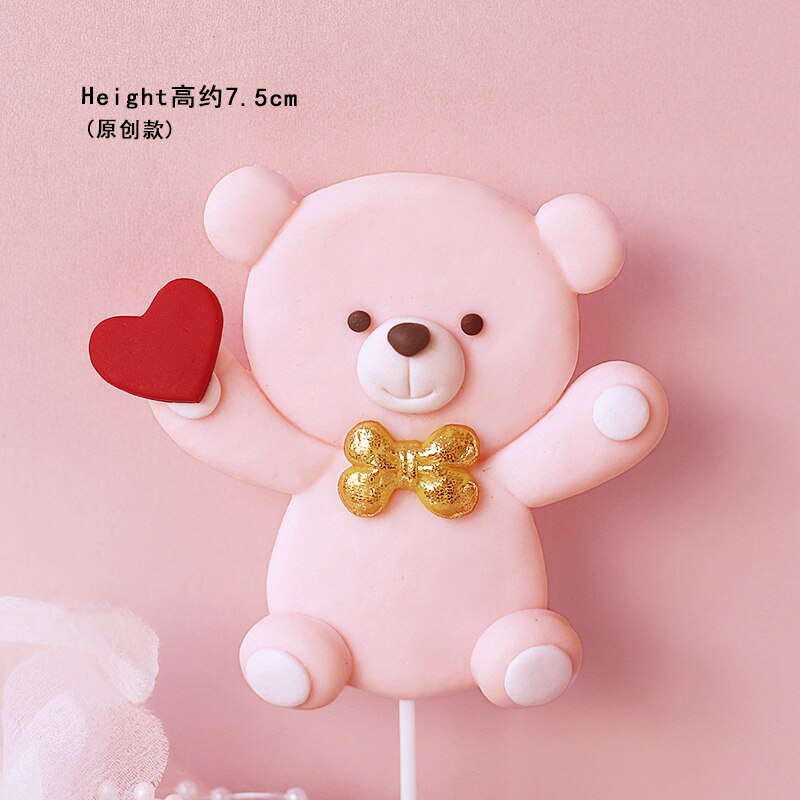 Valentine's Day Wedding Party Bear Red Bow Heart Cake Topper Decorations Love Pink Pearl Card Luminous Decor Doll Gifts 