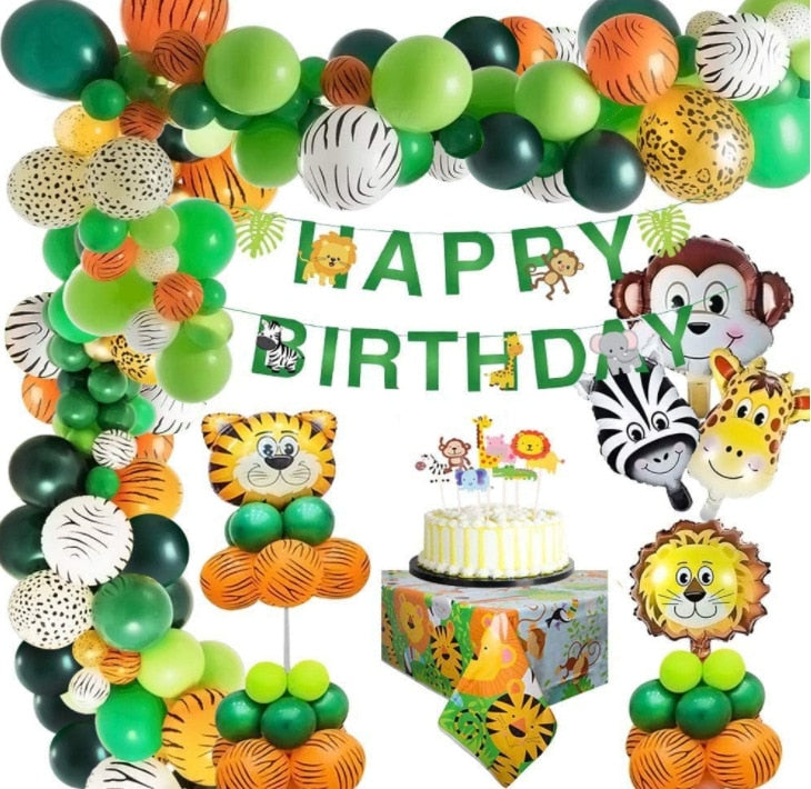 Jungle Animal Themed Birthday Party Decoration Green Balloons Set Foil Tablecloth Kids Boy Girl 