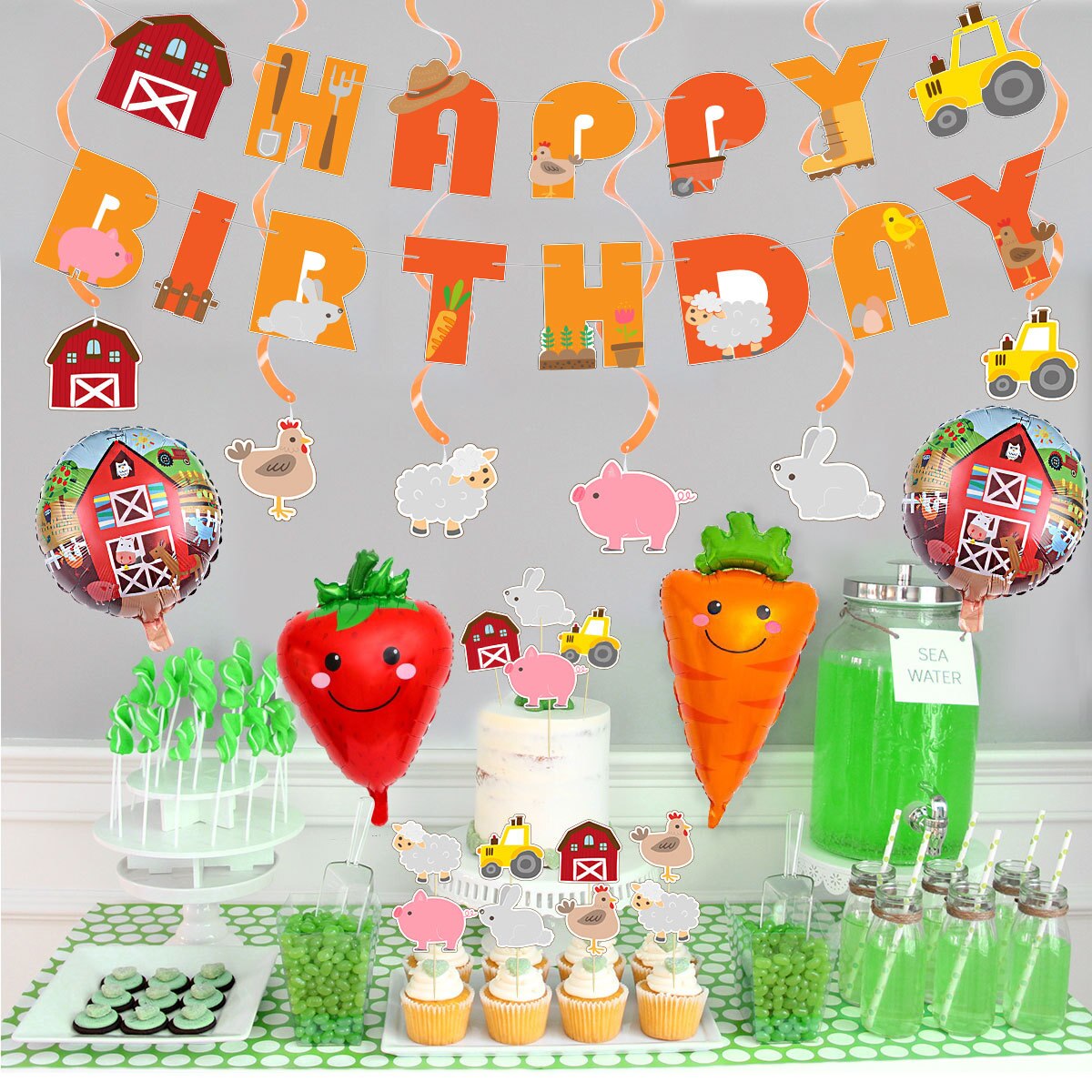 Farm Theme Happy Birthday Party Decoration Set Banners Animal Cake Toppers Strawberry Carrot Foil Balloon Kids Supplies 