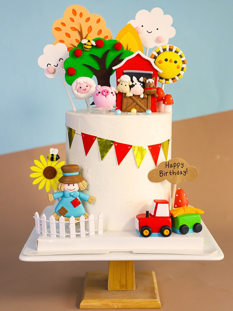 Farm Cake Topper Animal Cow Horse Cartoon Birthday Party Baby Decoration Children Sunflower Series Happy Shower Baking Cake PartyDecorHQ