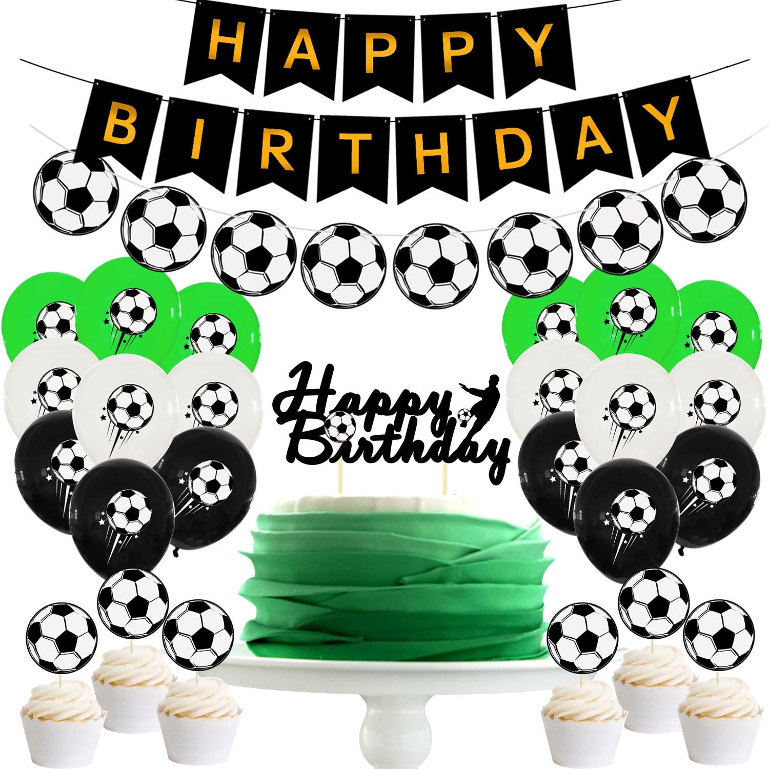 Green Black White Football Theme Party Decoration Boy Birthday Supplies Happy Banner Garland Cake Topper Inflatable Decorations