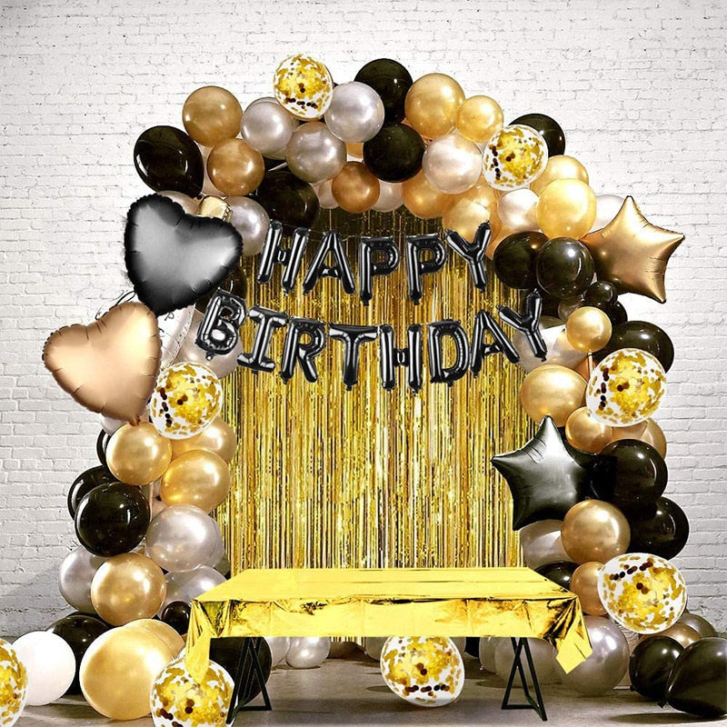 Balloon Arch Kit Gold Confetti Balloons Black Happy Birthday Letter Foil Men Women Party Decor 