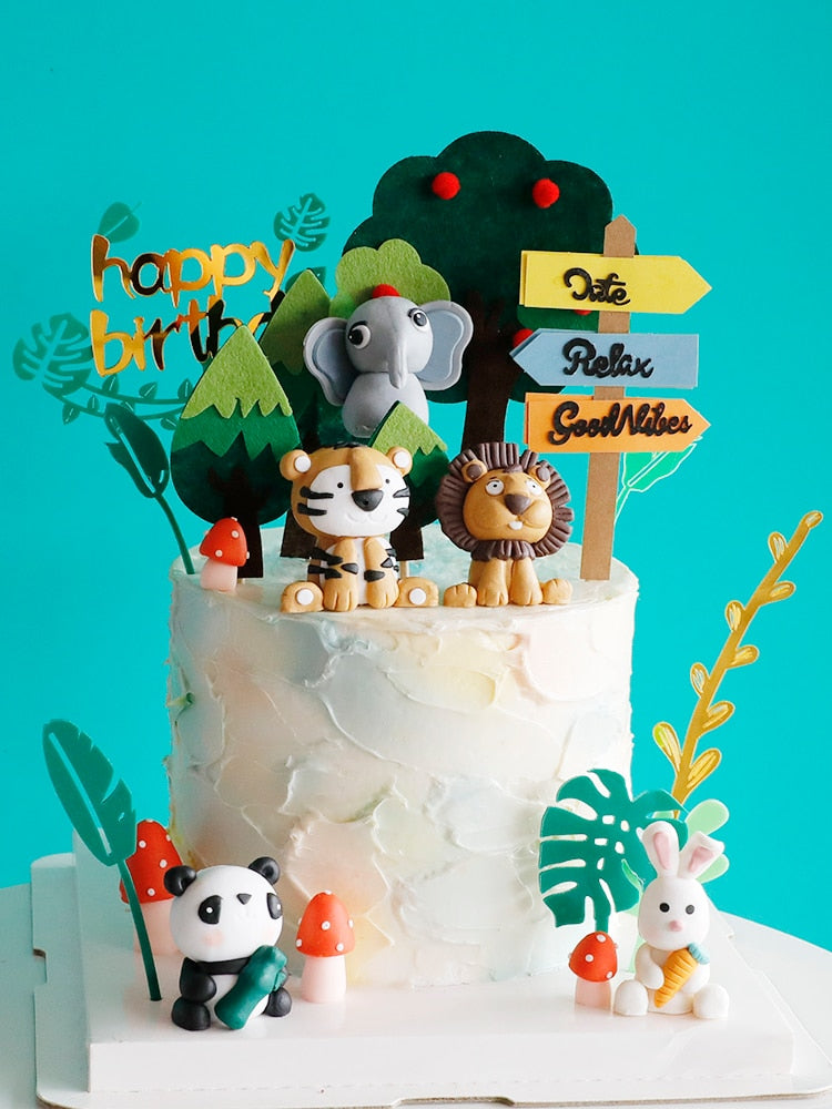 Safari Jungle Cake Decoration Birthday Party Lovely Animals Forest Cake Topper Party Kids Baby Shower Cake Baking Gift Flag PartyDecorHQ