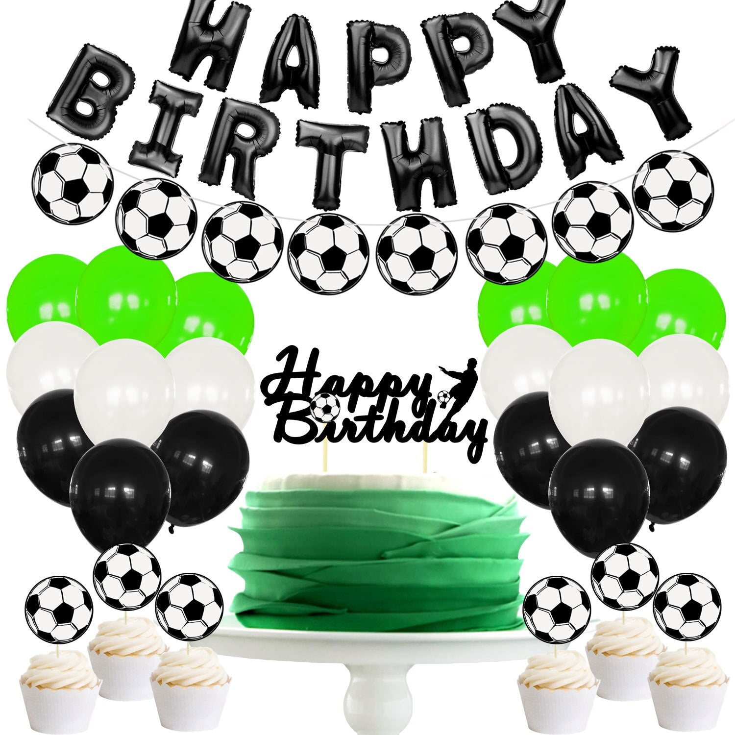 Green Black White Football Theme Party Decoration Boy Birthday Supplies Happy Banner Garland Cake Topper Inflatable Decorations