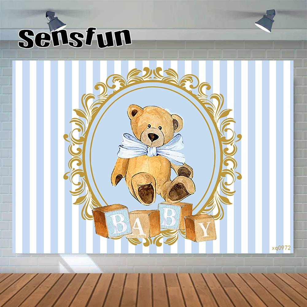 Blue White Striped Bear Boy Baby Shower Newborn Backdrop Photography Kids st Birthday Party Background Custom 