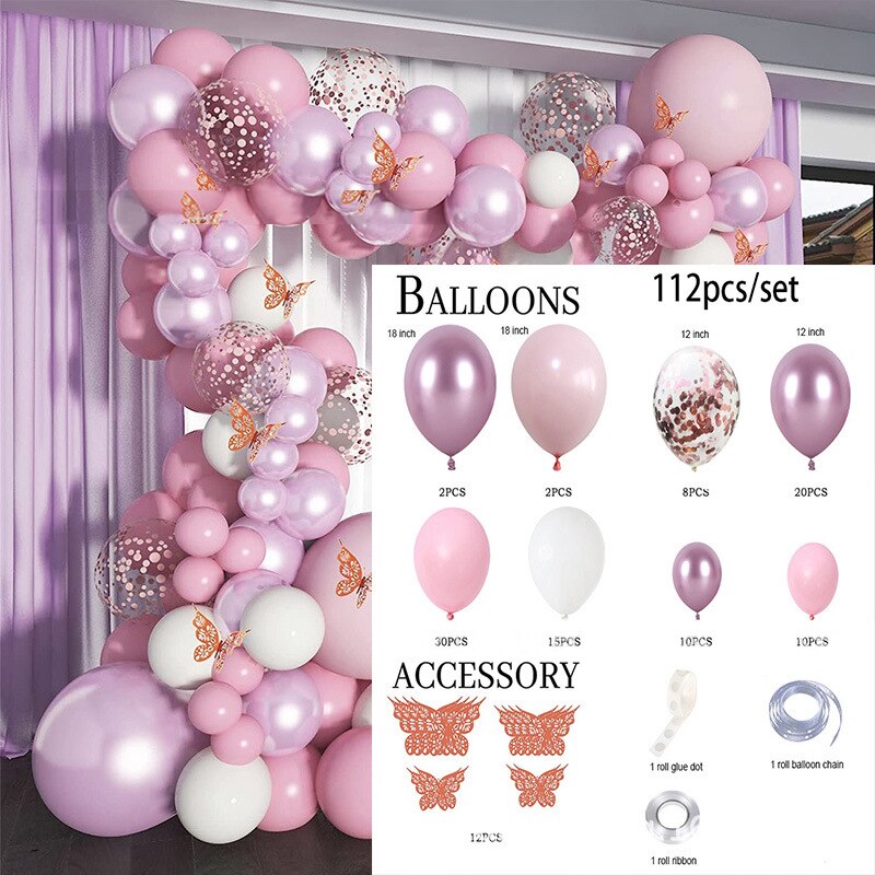 Pink Purple Butterfly Theme Latex Balloon Party Decoration Set Confetti Balloons Women Girl Wedding Birthday Supplies 