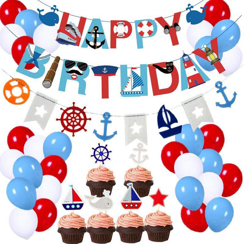 Nautical Theme Balloon Set Party Supplies Anchor Steamship Banner Cake Topper Boy Girl Birthday Decoration Inflatable Decorations