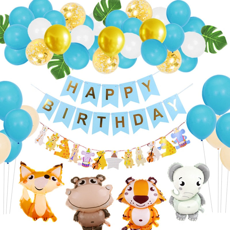 Cartoon Animal Birthday Party Decoration for Boys Birthday  Supplies with Fox Tiger Elephant Foil Balloons Artificial Leaves PartyDecorHQ