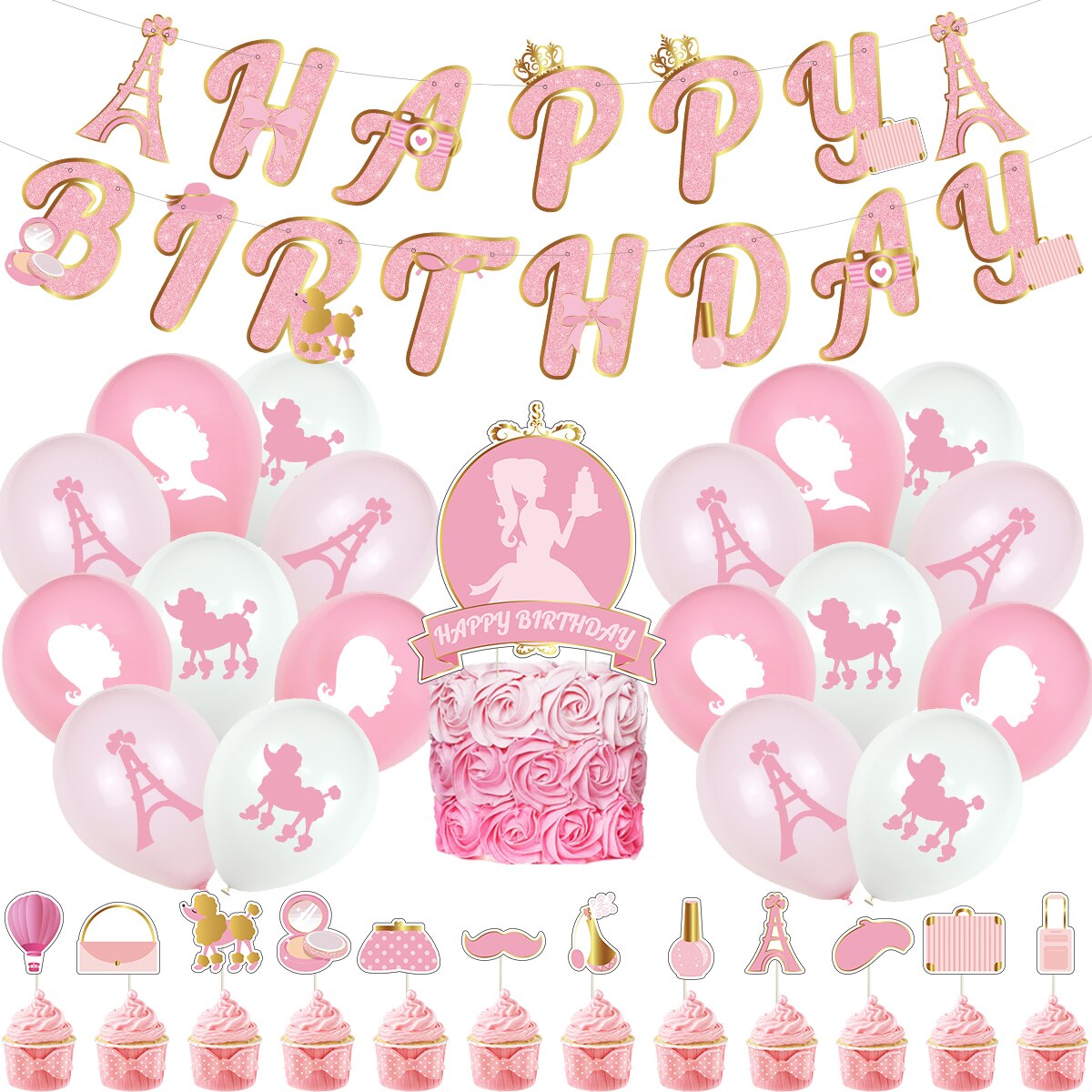 Fashion Girls Romantic Birthday Party Decoration Pink White Balloon Set Princess Print Banner Cake Topper Paper Honeycomb Ball 