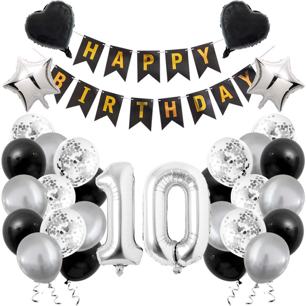 Sliver Black Balloon Set Confetti Latex Heart Star Number Foil Men Boy Birthday Party Decoration 