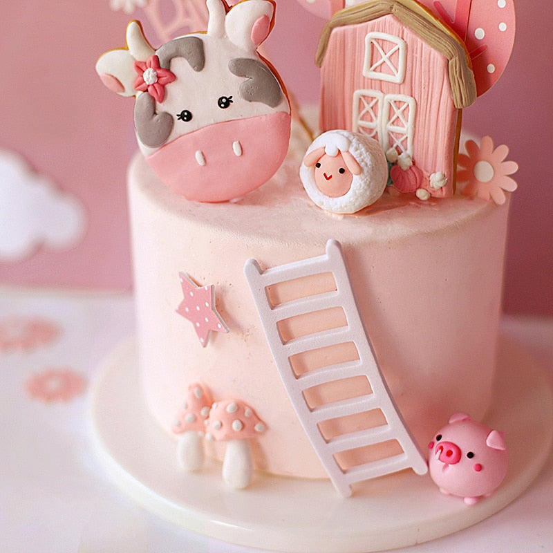 Farm Animal Cake Decoration Cows Sheep Pig Acrylic Ladder Happy Birthday Flags Topper Baby Shower Party Decor 