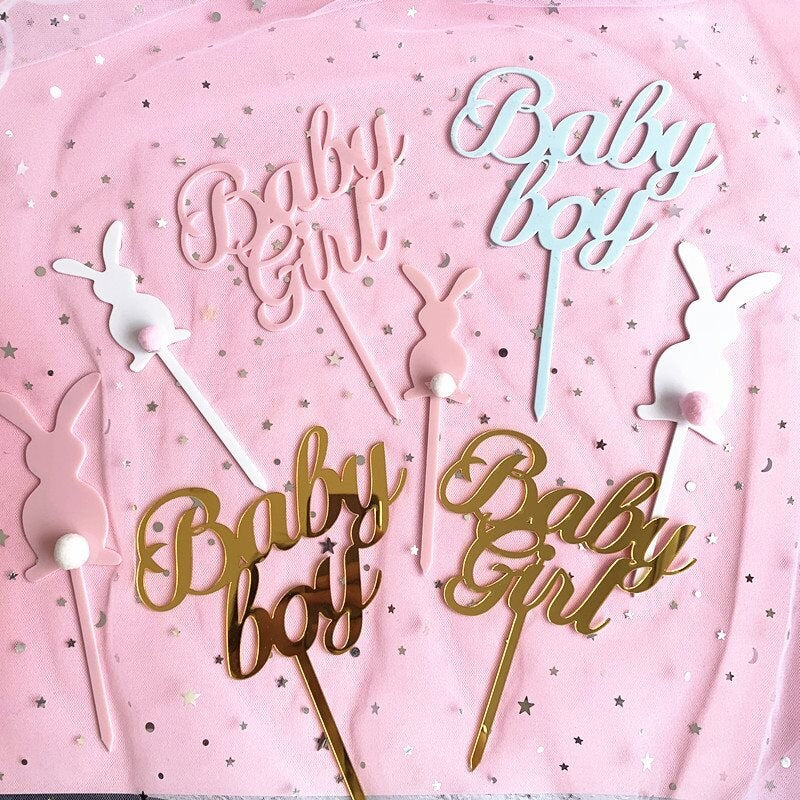 New Baby Happy Birthday Cake Topper Gold silver Acrylic Kids Party Toppers Shower dessert decoration 