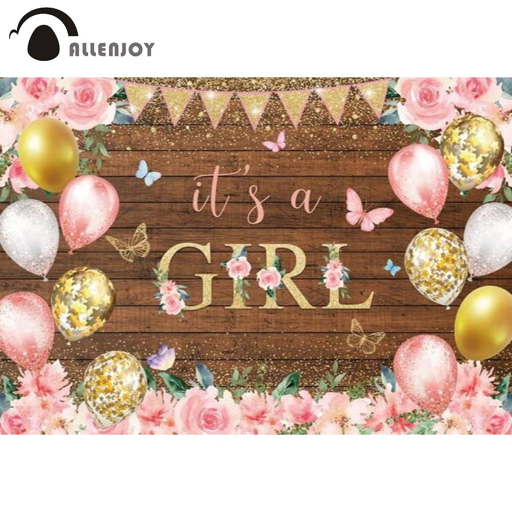 Girl Birthday Party Baby Shower Gold Dots Wood Background Butterfly Balloons Pink Flowers Photography Props Backdrop 