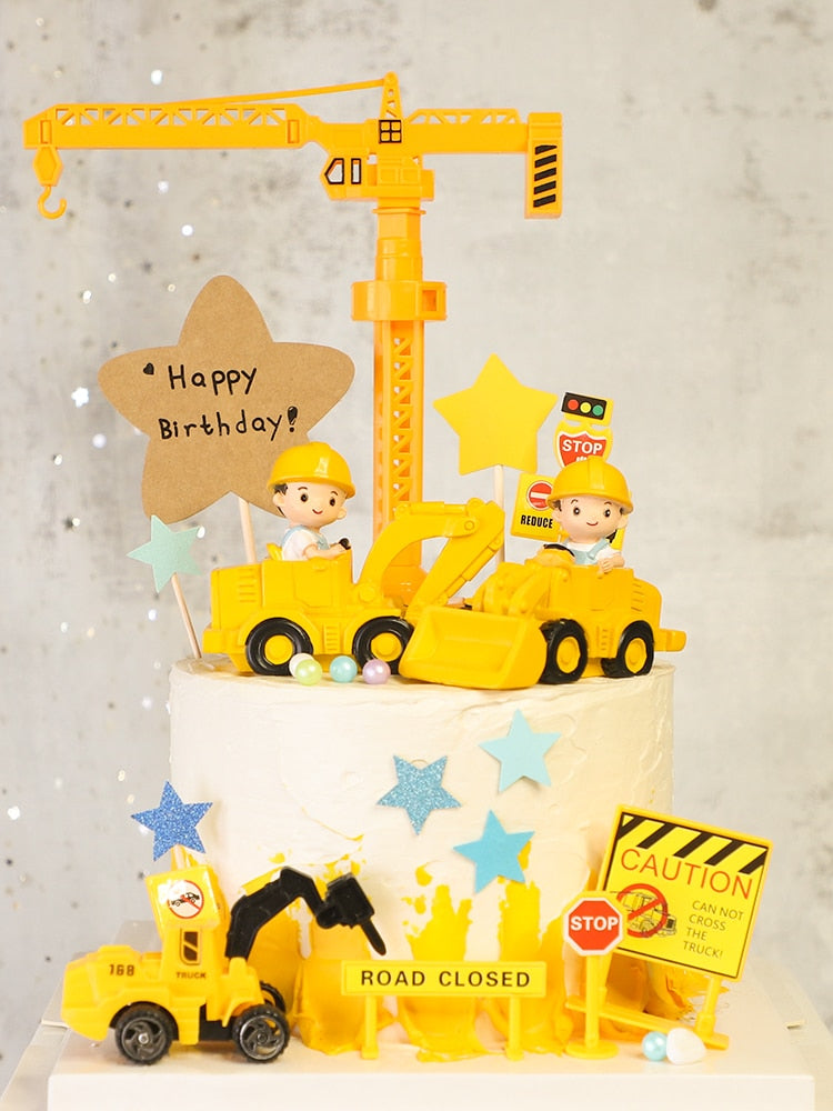 Engineering vehicle Boy Cake Topper Dulldozer Excavator Hanging tower Street sign Flags Kids Birthday Party Baby Shower Decor PartyDecorHQ