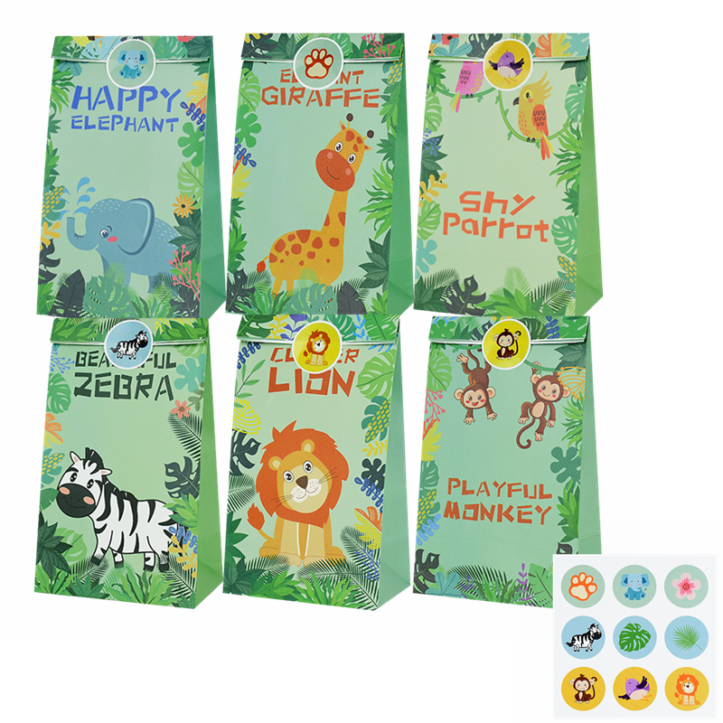 12pcs Stand Up Paper Bag Animals Flowers Candy Bag with Sticker Wedding Birthday Party Treat Gift Package Decoration Baby Shower PartyDecorHQ