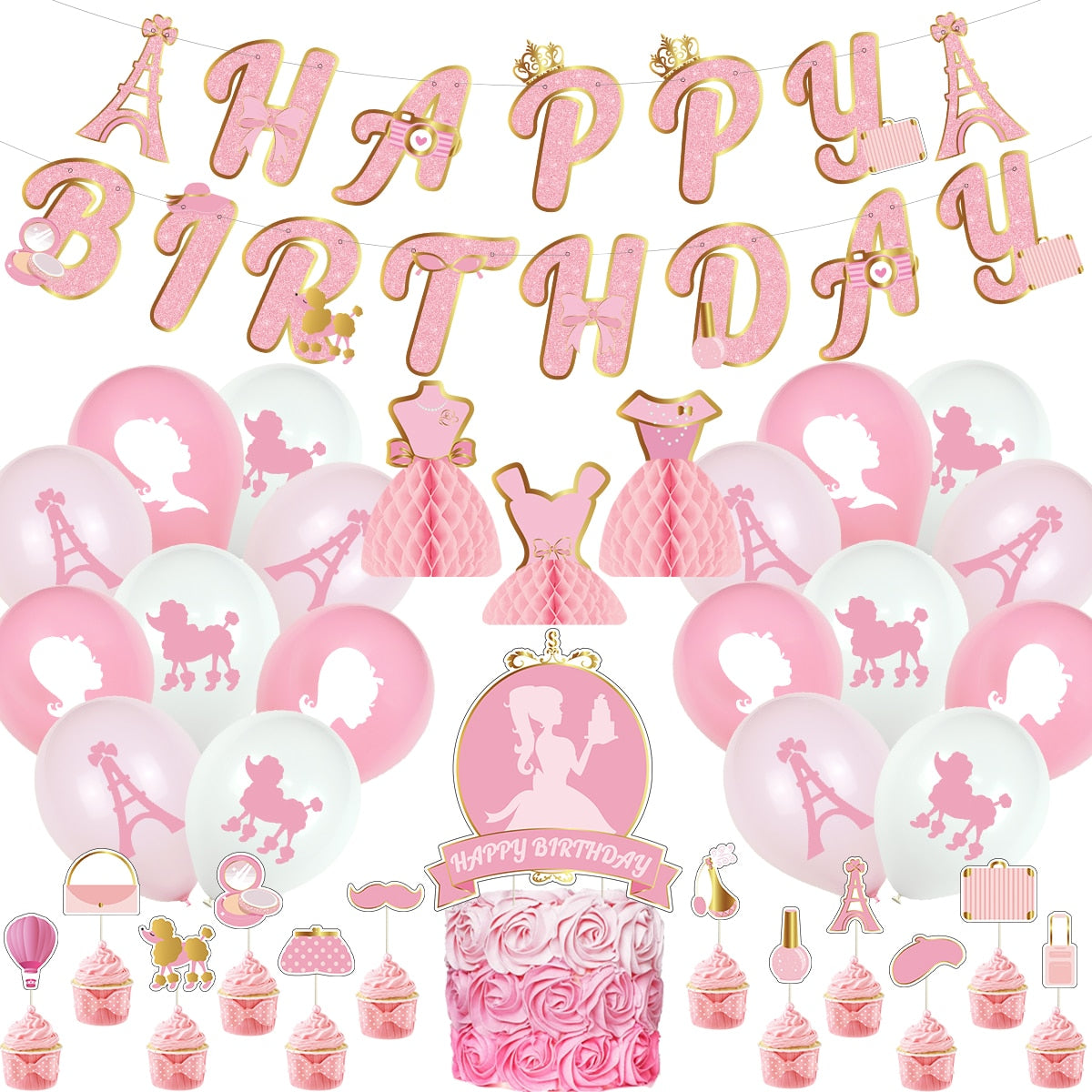 Fashion Girls Romantic Birthday Party Decoration Pink White Balloon Set Princess Print Banner Cake Topper Paper Honeycomb Ball 