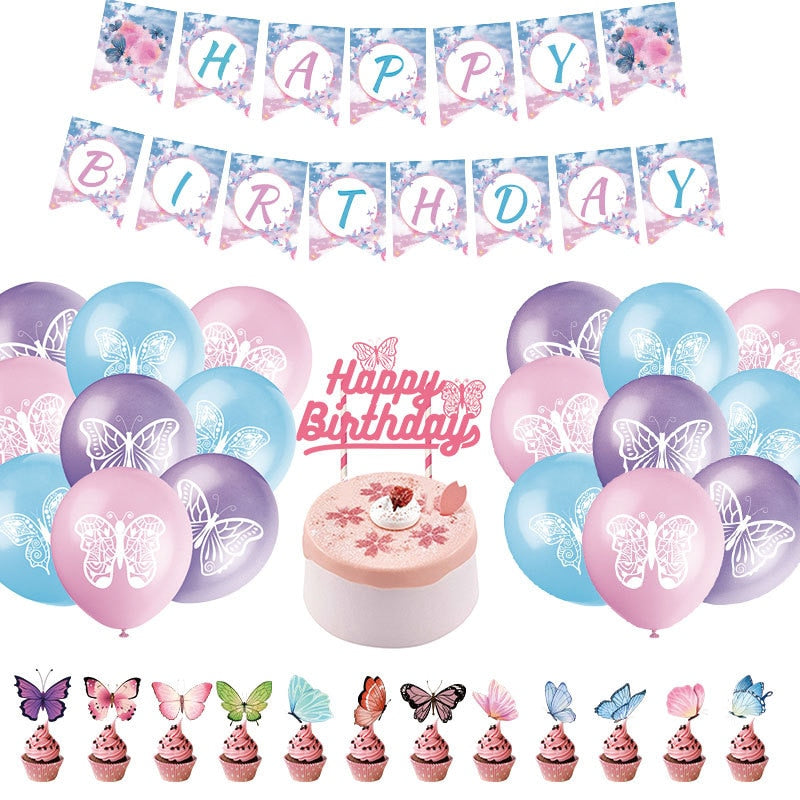 Butterfly Theme Birthday Party Decoration Balloon Set Cake Topper Girls Women Supplies 