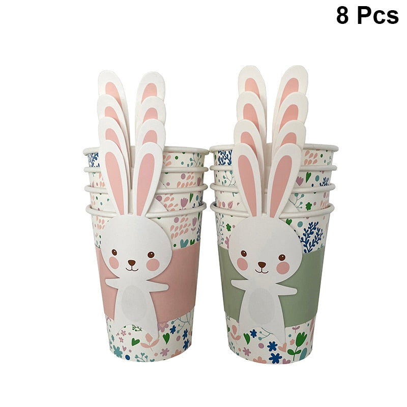 WEIGAO Pink Rabbit Candy Bags Easter Party Decorations Bunny Egg Carrot Pattern Plate Cup Napkin Happy Favors 