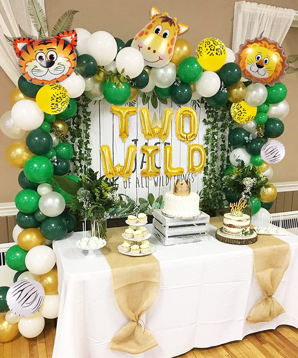 Jungle Theme Balloons Set TWO WILD Animals Green Artificial Palm Leaves Boy nd Happy Birthday Party Decoration 