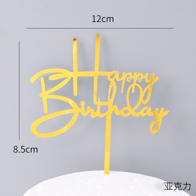 PC Happy Birthday Cake Topper Gold Black Silver Acrylic Flag Personalise happy birthday Letter Toppers Baking Decoration 