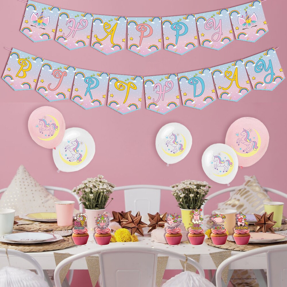 Unicorn Children's Party Decoration Balloon Arch Kit Happy Birthday Banner Cake Topper Latex Girl 