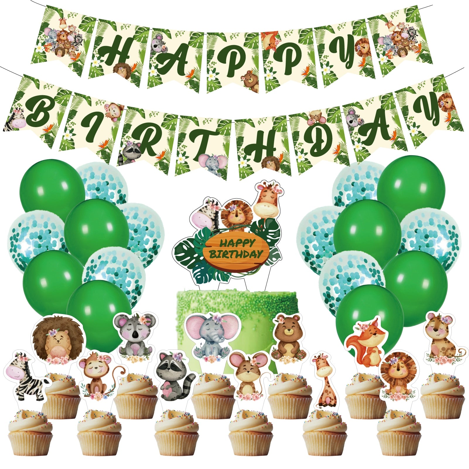 Forest Animal Theme Birthday Party Decoration Set Green confetti Balloon Elephant Hedgehog Monkey Cake Toppers Boys Girls 